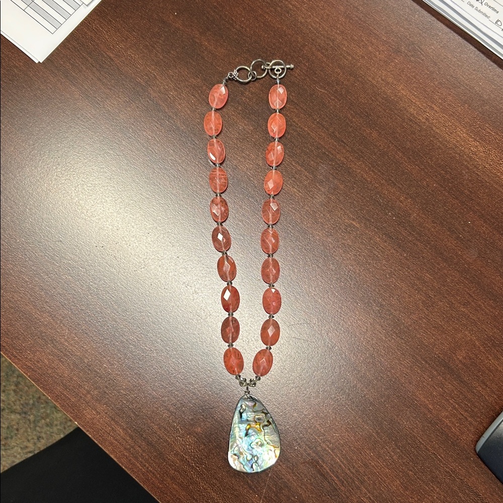 Elegant Coral Beaded Necklace with Abalone Pendant